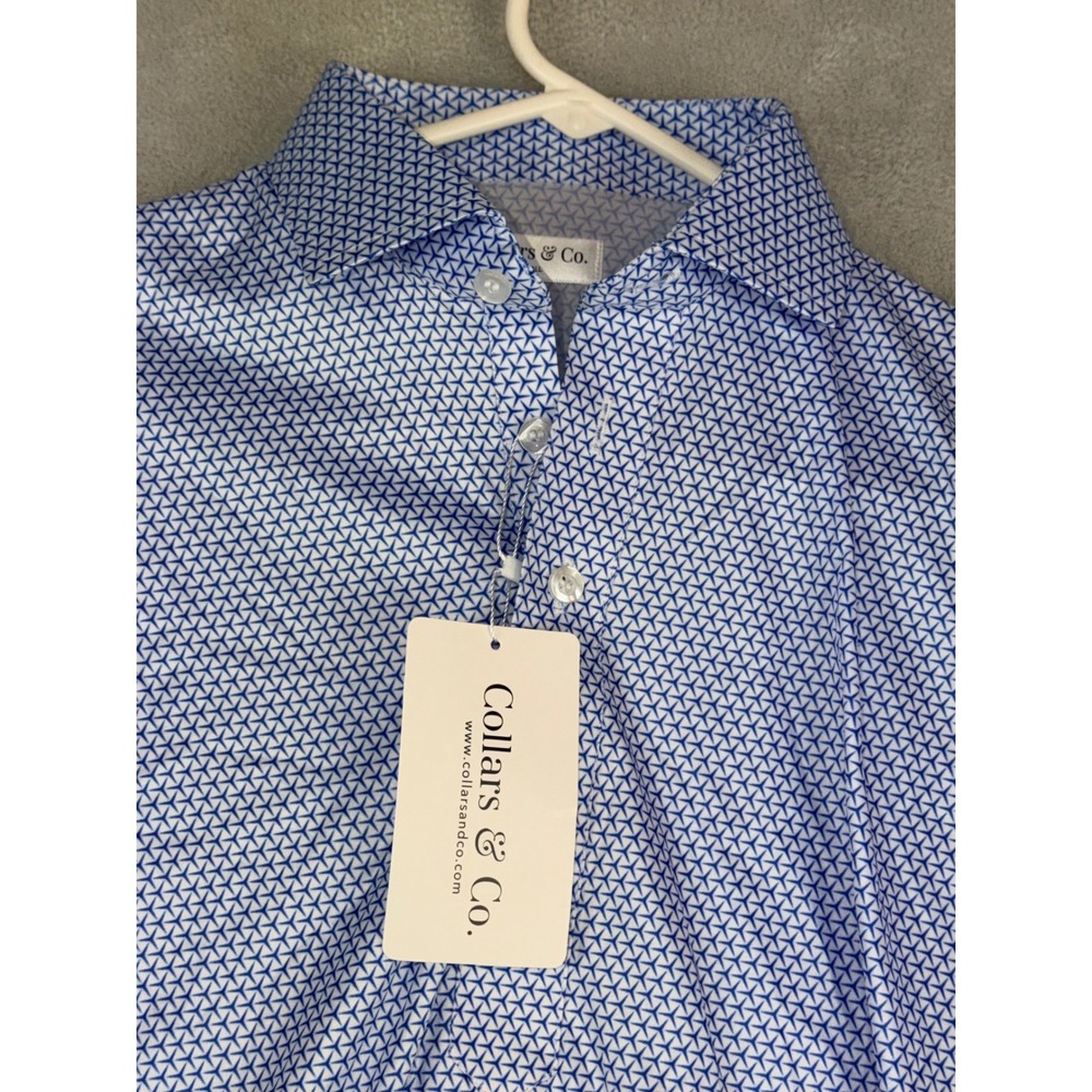 Collars & Co Mens Dress Collar Polo Shirt‎ Blue White Geometric Star Small NWT
